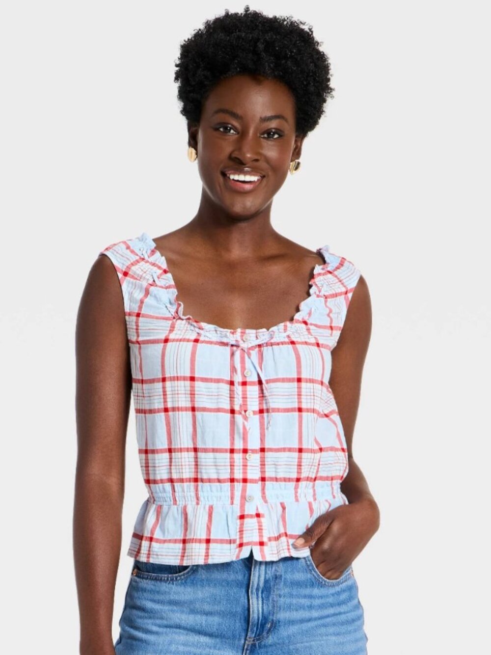NEW Universal Thread Women's Front Button-Down Blue Plaid Medium Tank Top